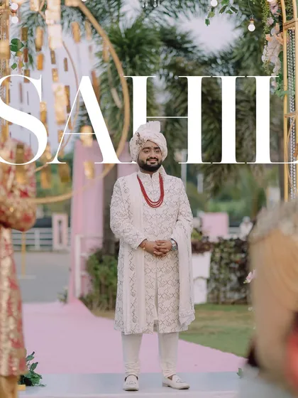 A stylish portrait of the groom on his wedding day, with his name overlaid. A modern and graphic way to introduce the man of the hour.