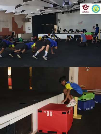 Players are shown doing plyometric box jumps and other exercises in the gym. This highlights the specialized strength and conditioning training that is part of our sports science program.