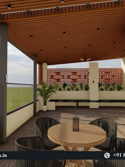 A 3D view of the same terrace concept, highlighting the built-in seating and planters along the decorative jali wall.