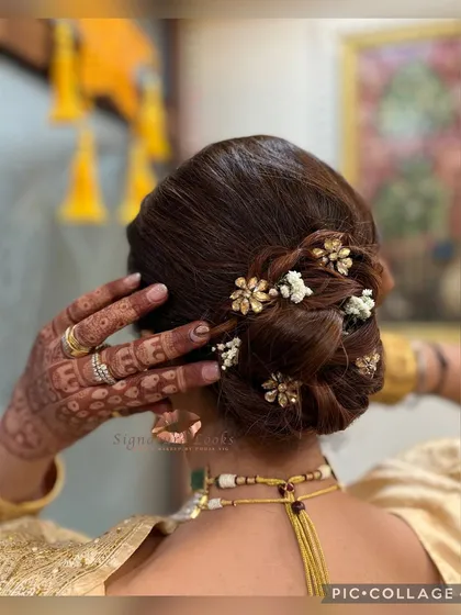 Styling the mother of the bride is always special. Here, I created a graceful twisted bun, accented with delicate floral pins, to complement her regal look and ensure she felt beautiful and comfortable throughout the celebration.