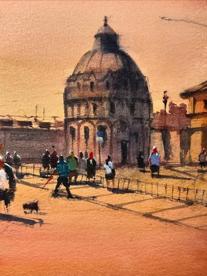 A beautiful evening in Pisa, captured in watercolor on Lanaquarelle paper. I used Daniel Smith watercolors to recreate the warm, atmospheric light of the city at dusk.