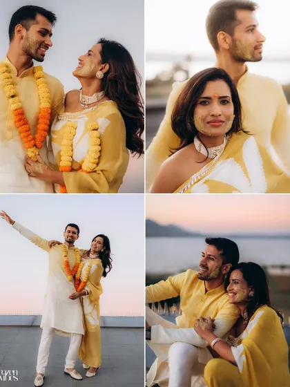 A collage of candid moments from Pia and Zubin's celebration at Sula Vineyards. The images capture their playful interactions and loving glances against the backdrop of the lake at sunset.
