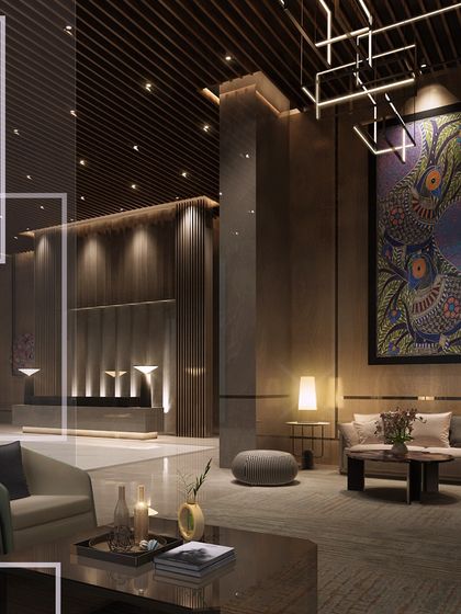 A different perspective of the One Marina lobby, showcasing the interplay of light, texture, and art. The design aims to create a sense of refined grandeur and quiet sophistication. This image has a graphic overlay.