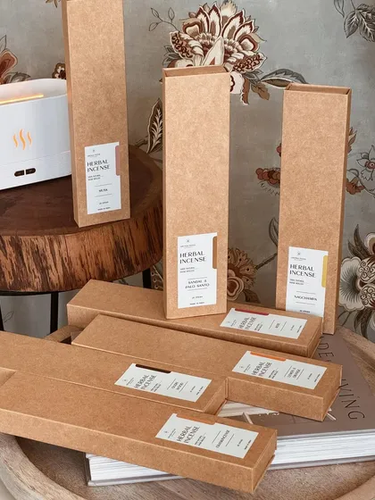 A collection of our herbal incense boxes, beautifully crafted to embody Indian traditions. This product is perfect for adding a spiritual ambiance to your home or for giving as a thoughtful gift.