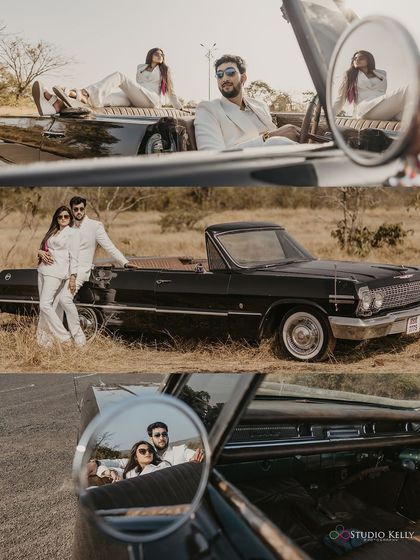A creative collage of a couple with a vintage car in Goa. I used reflections in the side mirror to add an artistic and intimate layer to these stylish shots.