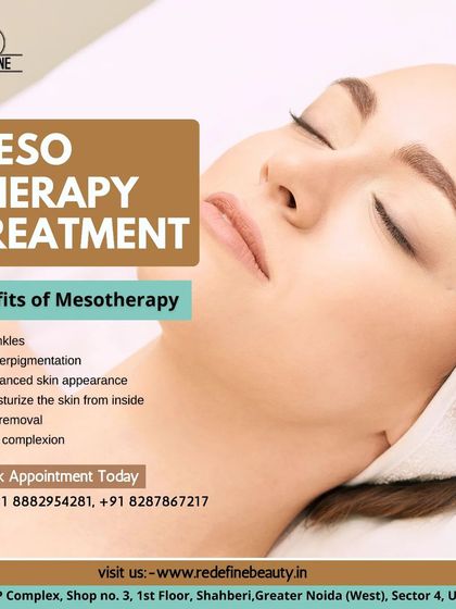 Mesotherapy is a minimally invasive treatment where we deliver vitamins, enzymes, and hormones to rejuvenate and tighten skin. This graphic lists its benefits, including reducing wrinkles, hyperpigmentation, and dull complexion.