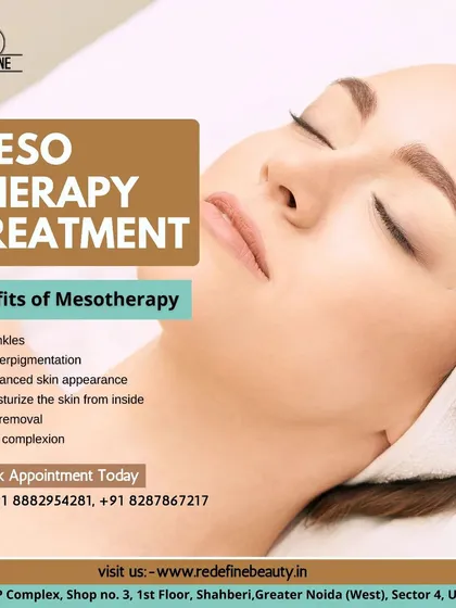 Mesotherapy is a minimally invasive treatment where we deliver vitamins, enzymes, and hormones to rejuvenate and tighten skin. This graphic lists its benefits, including reducing wrinkles, hyperpigmentation, and dull complexion.