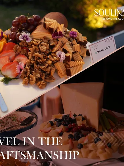 A collage to revel in the craftsmanship of our cheese platters, beautifully garnished with walnuts, strawberries, and edible flowers.
