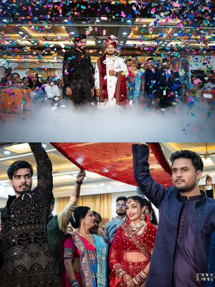 A collage showing the groom's grand entry with smoke effects and the bride's beautiful entrance under a phoolon ki chadar.