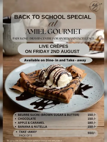 A special menu for a "Back to School" event featuring live crêpes. I offered classic flavors like Beurre Sucre, Chocolate, Apple & Caramel, and Banana & Nutella.