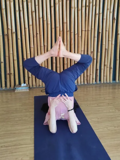 This student is in a variation of Sirsasana (Headstand), demonstrating balance and core control. Advanced classes explore many such variations to challenge the body and mind.