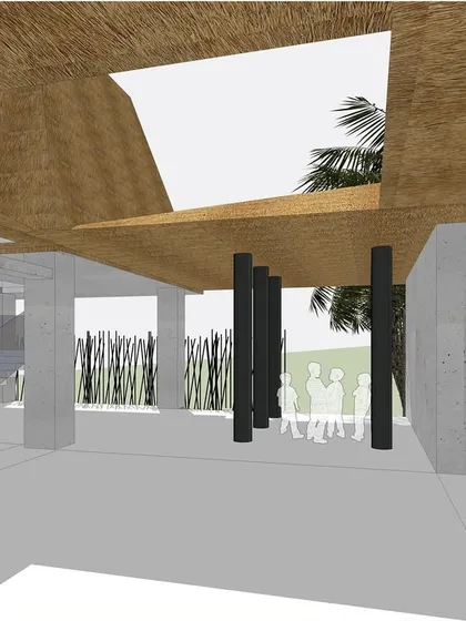 This interior render shows the interplay of columns, roof, and open space within the Serenity guesthouse. The design creates a seamless flow between indoors and outdoors, with the structure itself defining areas for gathering and quiet contemplation.