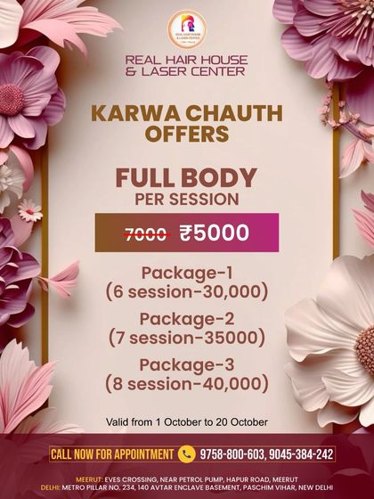 Our Karwa Chauth offer for full body laser hair removal is here. Get a session for just ₹5,000 or choose one of our multi-session packages for long-term savings. This offer is valid for a limited time.