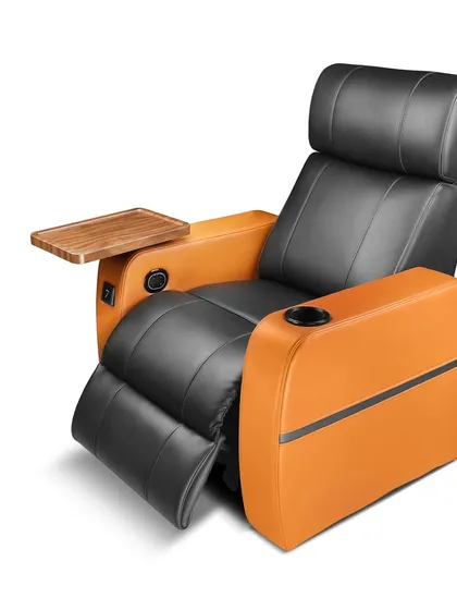 Comfort is key to the cinema experience. We offer a range of luxury home theatre recliners, like this model featuring premium leather, integrated cup holders, and a convenient swivel tray for snacks and drinks.