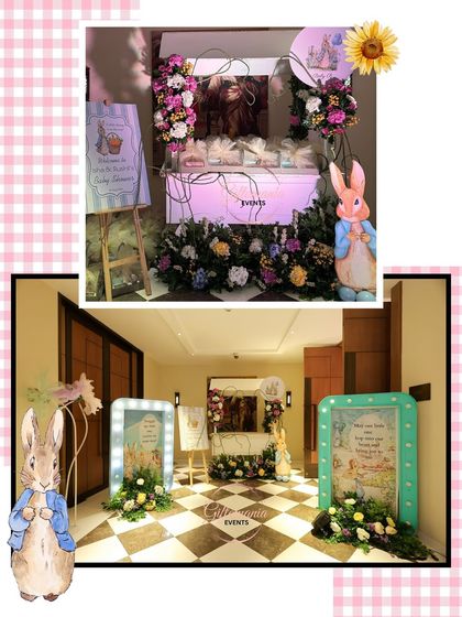 A collage showcasing the elegant Peter Rabbit theme. The decor includes character cutouts, lush floral arrangements, and custom signage, all creating a vintage English garden feel.