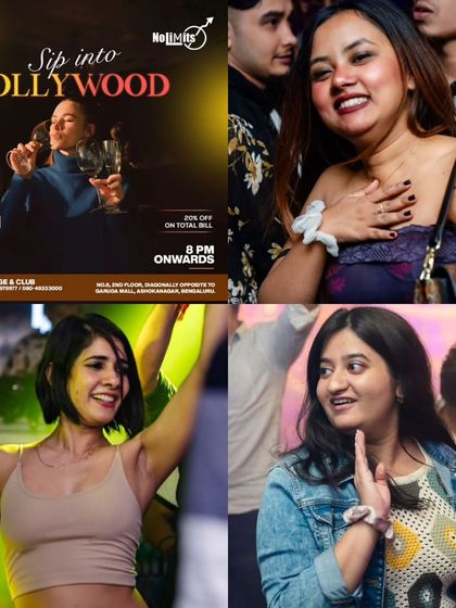 A collage for 'Sip into Bollywood' Thursday at Nolimmits, combining my poster with shots of the crowd.