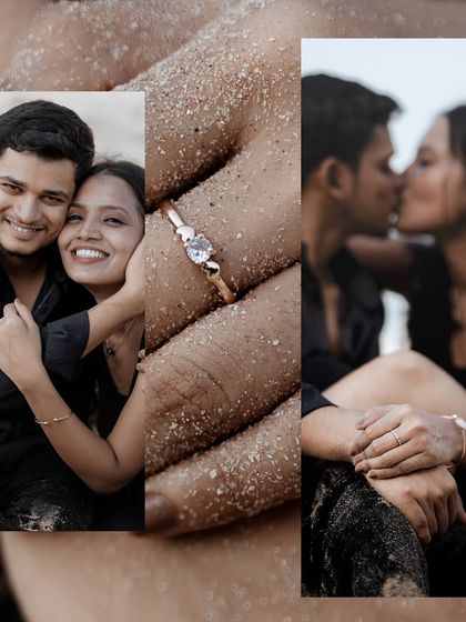 A close-up collage from a beach pre-wedding shoot, focusing on the engagement ring, the couple's smiles, and intimate kisses.