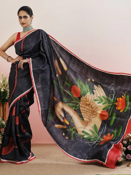 The full view of the swan-printed saree, a unique and graceful piece for any special occasion.