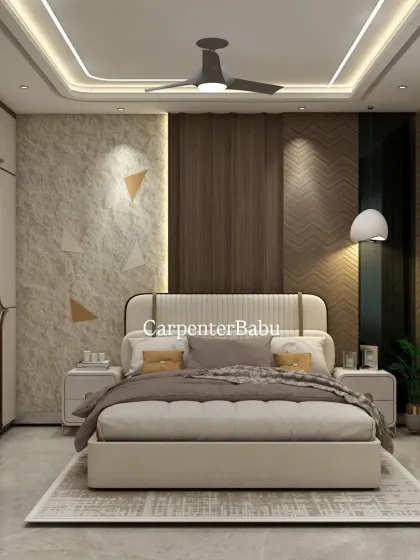 A bedroom with a textured headboard wall that combines a stone-like finish with wooden panels. The design is rustic yet modern, creating a unique and tactile experience.
