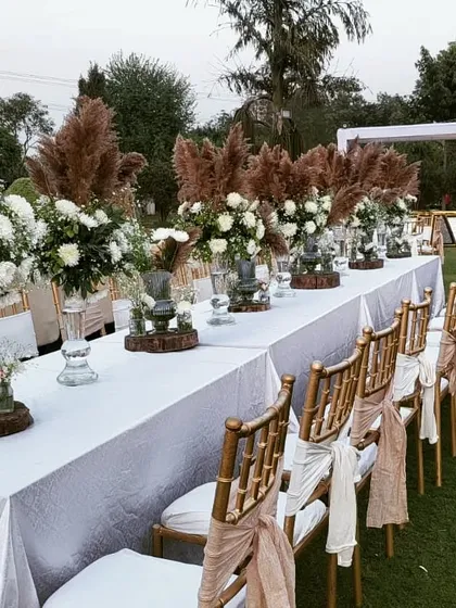 This long table setup for an outdoor daytime event features a boho theme with pampas grass, white floral arrangements, and rustic wooden elements. The elegant chair ties and clean white tablecloth create a relaxed yet sophisticated atmosphere.