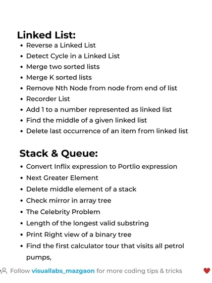 Important DSA interview questions for Linked Lists, Stacks, and Queues. Practice these problems to strengthen your fundamentals.