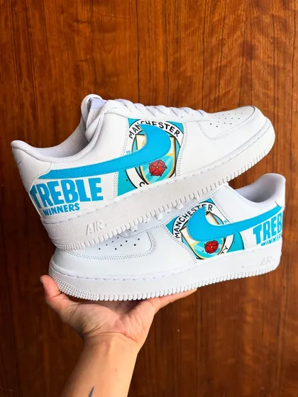 Celebrating Manchester City's victory with these "Treble Winners" custom Nike Air Force 1s. The clean lines and freehanded logo make for a sharp design.