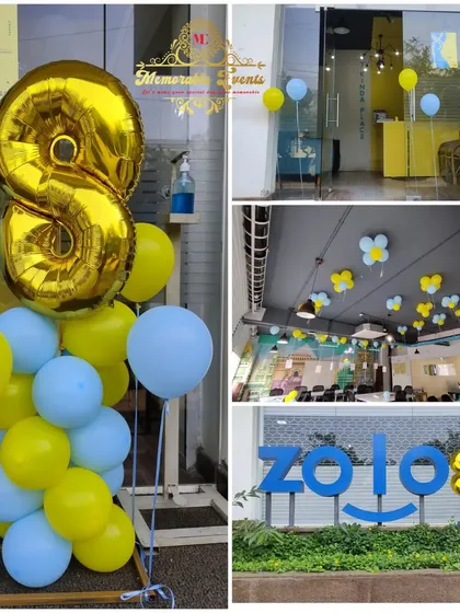 This collage showcases the 8th-anniversary decorations for Zolostays. I used their brand-adjacent colors, yellow and blue, throughout the office, from the entrance with a large foil number '8' to the ceiling decor over the workstations.