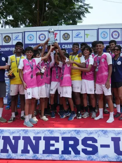 A moment of pure joy and achievement. Our U-15 team celebrates on the podium after being crowned runners-up at the YFC 2024-25 tournament, showcasing the results of their hard work and dedication.