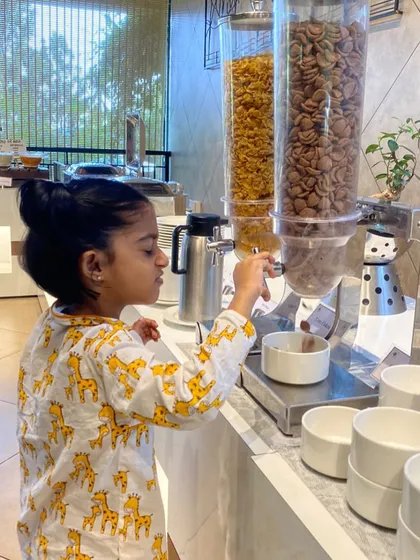 Our pyjamas are made for living in, not just sleeping. Here’s a little one enjoying her vacation breakfast in our comfy Giraffe print set. They are perfect for lounging all day.