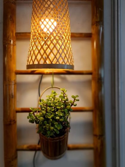 A beautiful bamboo ladder repurposed as a decorative piece, holding a hanging plant and a woven lamp, creating a warm, earthy vibe.