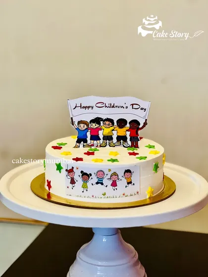 A simple and sweet cake for Children's Day. The design features a topper with a diverse group of happy kids, celebrating the joy of childhood.
