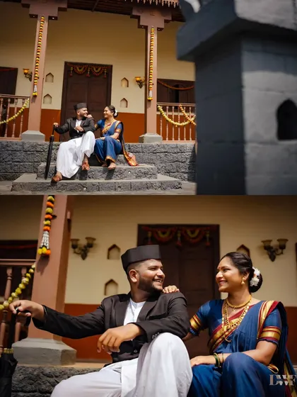 A collage of the couple sharing a laugh on the steps of a traditional house. These candid moments during a pre-wedding shoot are what make the story feel real and personal.
