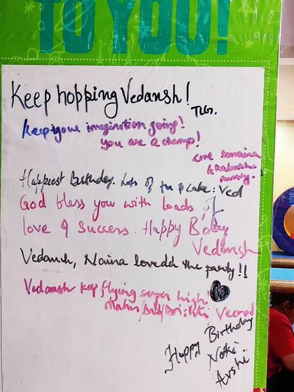 A board filled with heartfelt birthday wishes for Vedansh from all his friends and family. It's a wonderful keepsake from a special day.