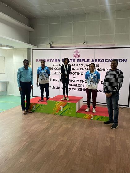Our shooter Mishika Urs stands proudly on the podium after winning gold in the women's category at the Second Jagdale competition organized by the Karnataka State Rifle Association (KSRA).