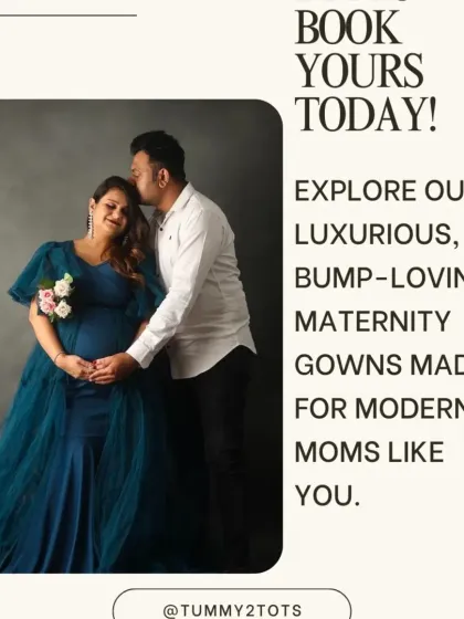 A tender moment between a couple, with the mom-to-be in a deep teal ruffled gown. This image invites you to book your own luxurious look.
