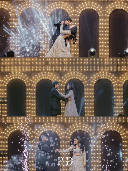A collage of the couple's dance performance on the marquee-lit stage. The dynamic lighting and cold pyro effects add excitement and drama to the moment.