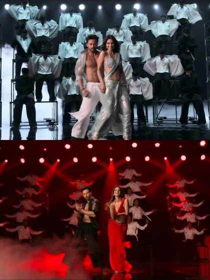 A comparison from 'Baaghi 4's' 'Bahli Sohni'. The top frame shows a clean, white-lit scene, while the bottom shows a dramatic red-lit version, demonstrating the versatility of our lighting rig.
