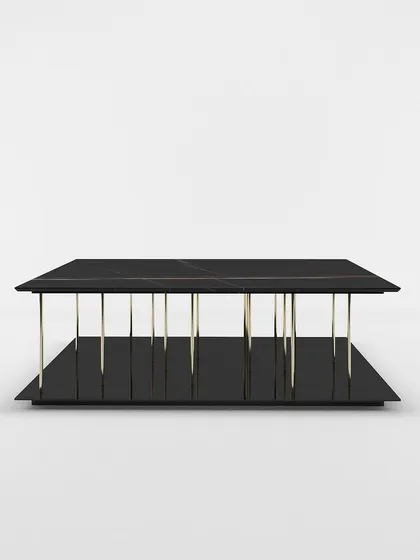 A frontal view of the two-tier center table, emphasizing its symmetrical design and the ample surface space it provides for both display and daily use.