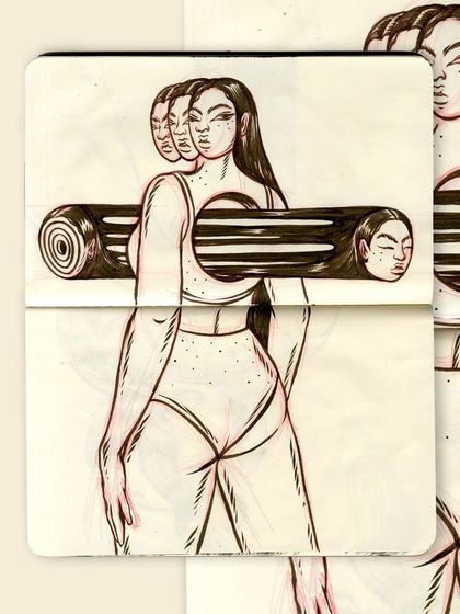 A different perspective of the 'Head vs heart' sketchbook spread, showing the raw brush pen work and the initial thoughts that led to my larger thesis themes.