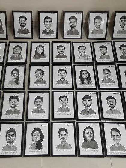 We can handle large orders for corporate events, like this batch of 32 handmade black and white caricatures for employee gifting.