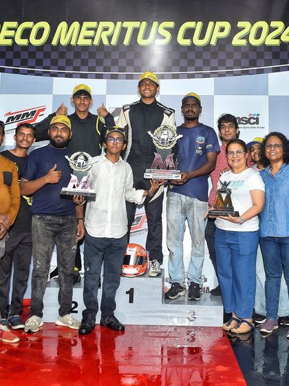 The Kartkrew Motorsports team celebrates their Senior Max championship victory at the Meco Meritus Cup 2024. Teamwork and strategy are crucial for success in our events.