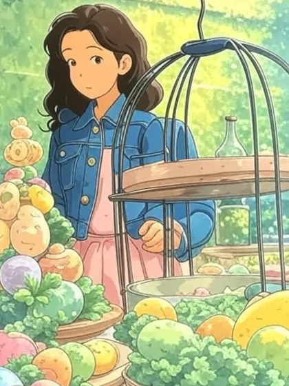 A whimsical scene of a stylist arranging a fantastical spread of Easter treats, rendered in the dreamy Ghibli aesthetic. This conceptual piece showcases our ability to build imaginative and magical food worlds.