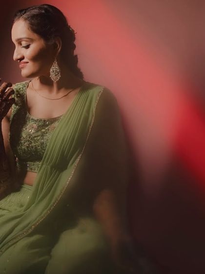 A soft and romantic portrait of the bride, with a red light leak effect adding a warm and artistic feel to the image.