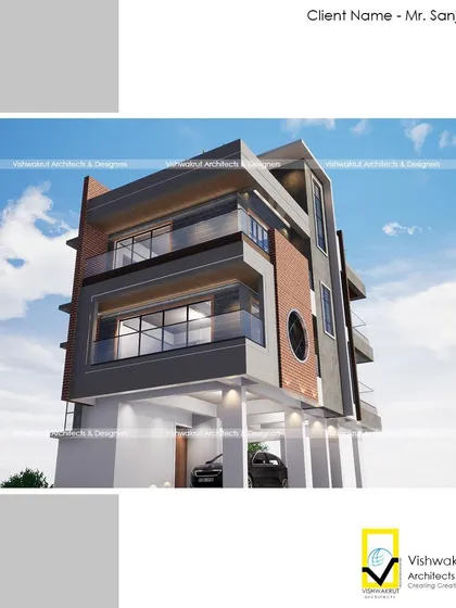 This is the elevation design for a 4BHK stilt house in Uran. The facade features a mix of brick cladding, glass railings, and a distinctive circular window, creating a modern and visually interesting exterior.