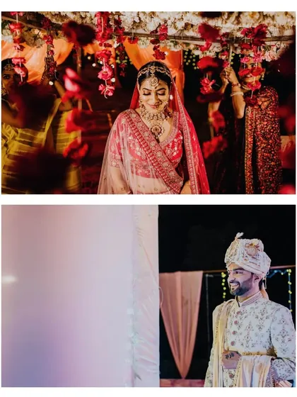 A collage of the bride and groom's first look at each other during the wedding ceremony.