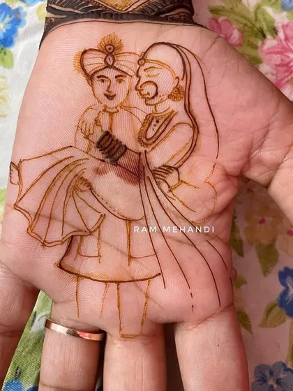 The outline of a playful couple portrait on the palm. This sketch captures the joyful moment before any shading is added.