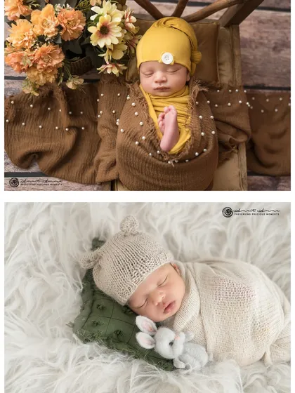 A collage of two different newborn setups, one with warm, earthy tones and another with a soft, neutral palette, showing the range of styles I offer.