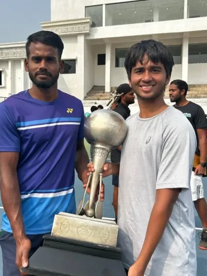 Our doubles champions Cahir Warik and Anand Prakash Gupta proudly holding their impressive trophy after their victory at the AITA 1 Lac event in Raipur.