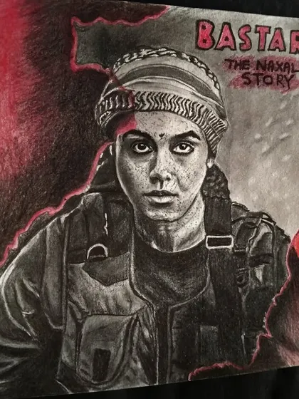 A portrait of Adah Sharma from the movie "Bastar: The Naxal Story," using red highlights to match the film's theme.