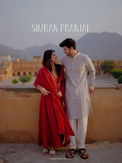 A regal portrait with Jaipur's Amber Fort in the distance. This pre-wedding shoot was designed to feel like a page from a royal love story, filled with elegance and history.